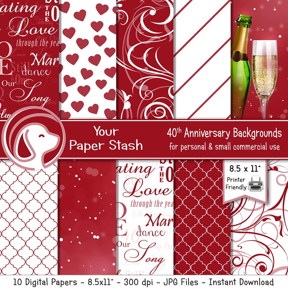 printable 40th ruby anniversary digital paper stationery