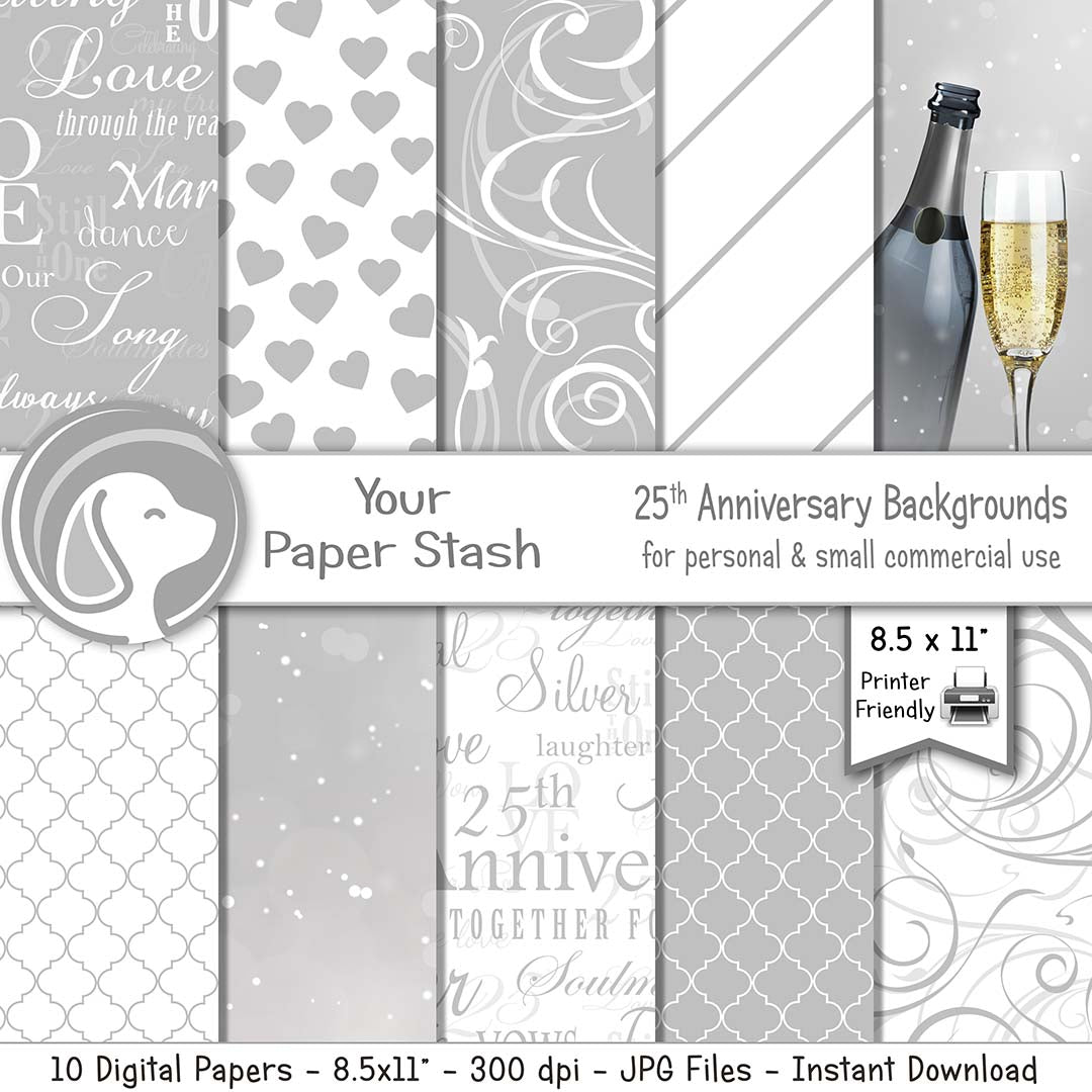 printable 25th silver annivesary digital scrapbook paper background patterns designs art