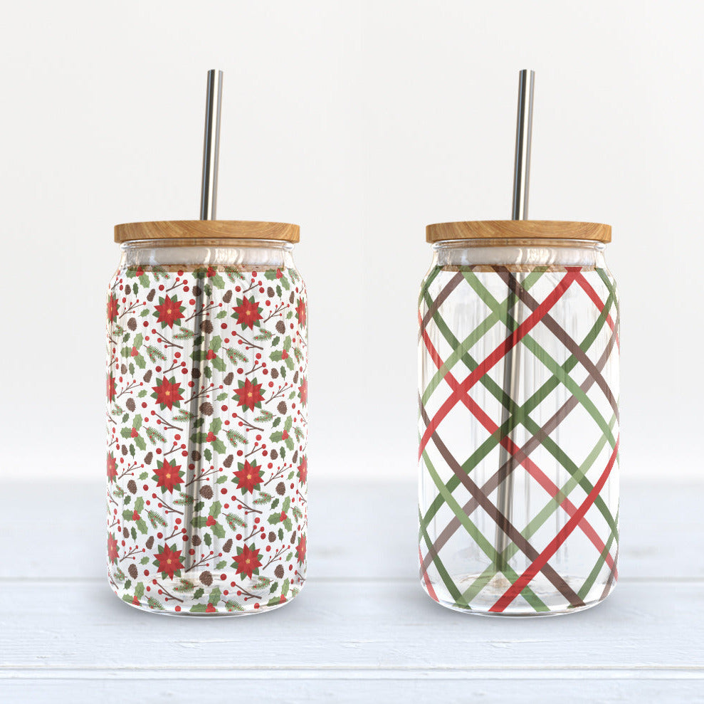 Christmas poinsettia 16oz beer soda can glass jar wrap sublimation design