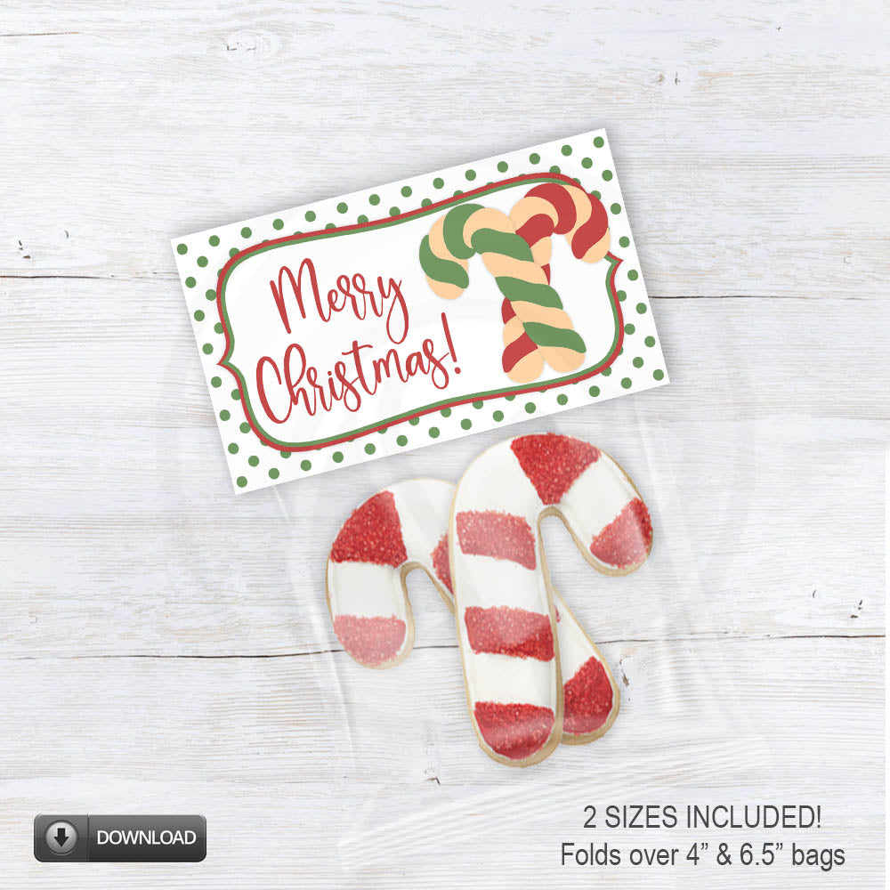 printable Merry Christmas candy cane cookie bag toppers - 2 sizes instant download