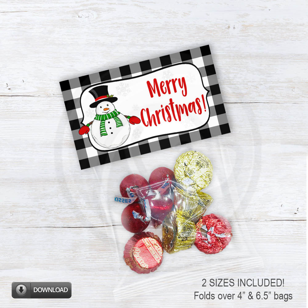 printable Merry Christmas treat bag toppers for cookies and candy bags - Snowman soup treat bag toppers