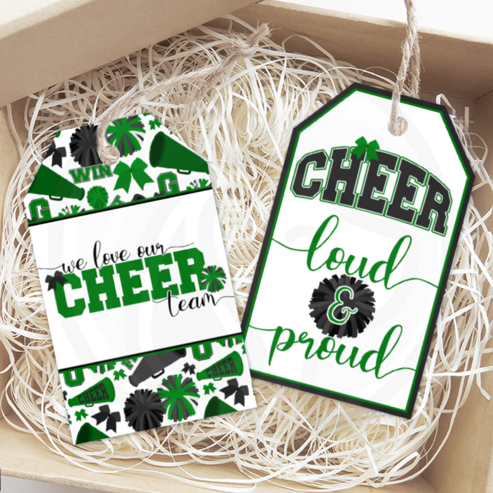 printable green and black cheerleader gift tags - 2 styles - instant download