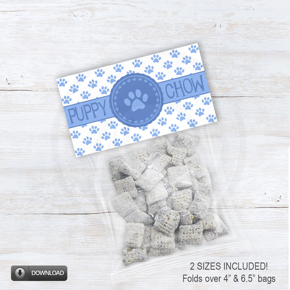 printable puppy chow doggie bag toppers in 2 sizes - light blue paw prints - instant download
