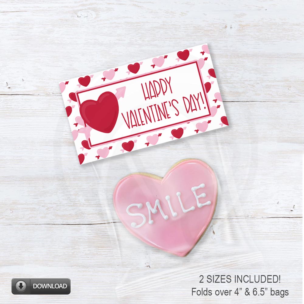 cupid heart pink and red treat candy and cookie bag toppers in 2 sizes for classroom parties