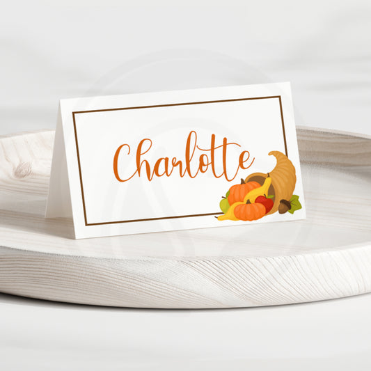 Printable Thanksgiving cornucopia place tent food cards for dinner parties and weddings editable