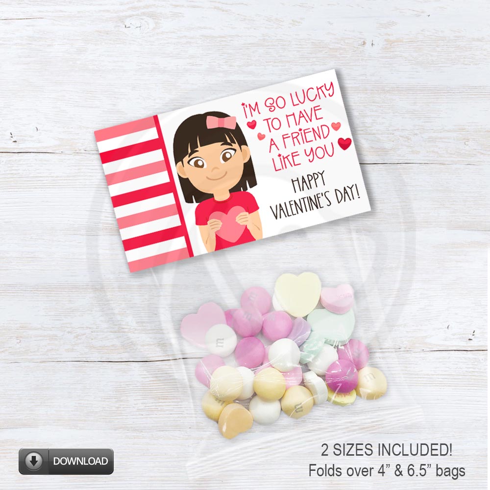 Printable Valentine treat bag topper featuring a cartoon girl holding a heart with red and pink accents and striped border.