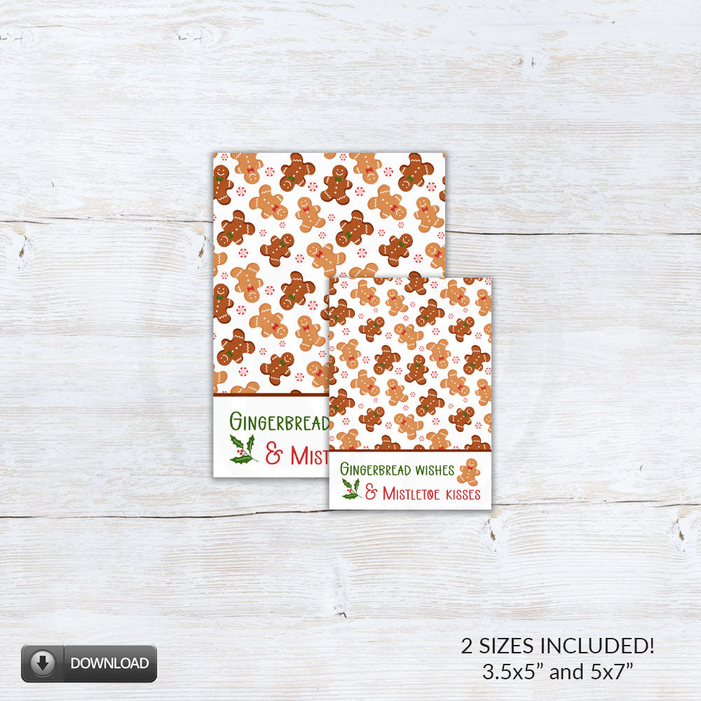 Christmas gingerbread wishes and mistletoe kisses printable 3.5x5 and 5x7 cookie and note cards for gift giving