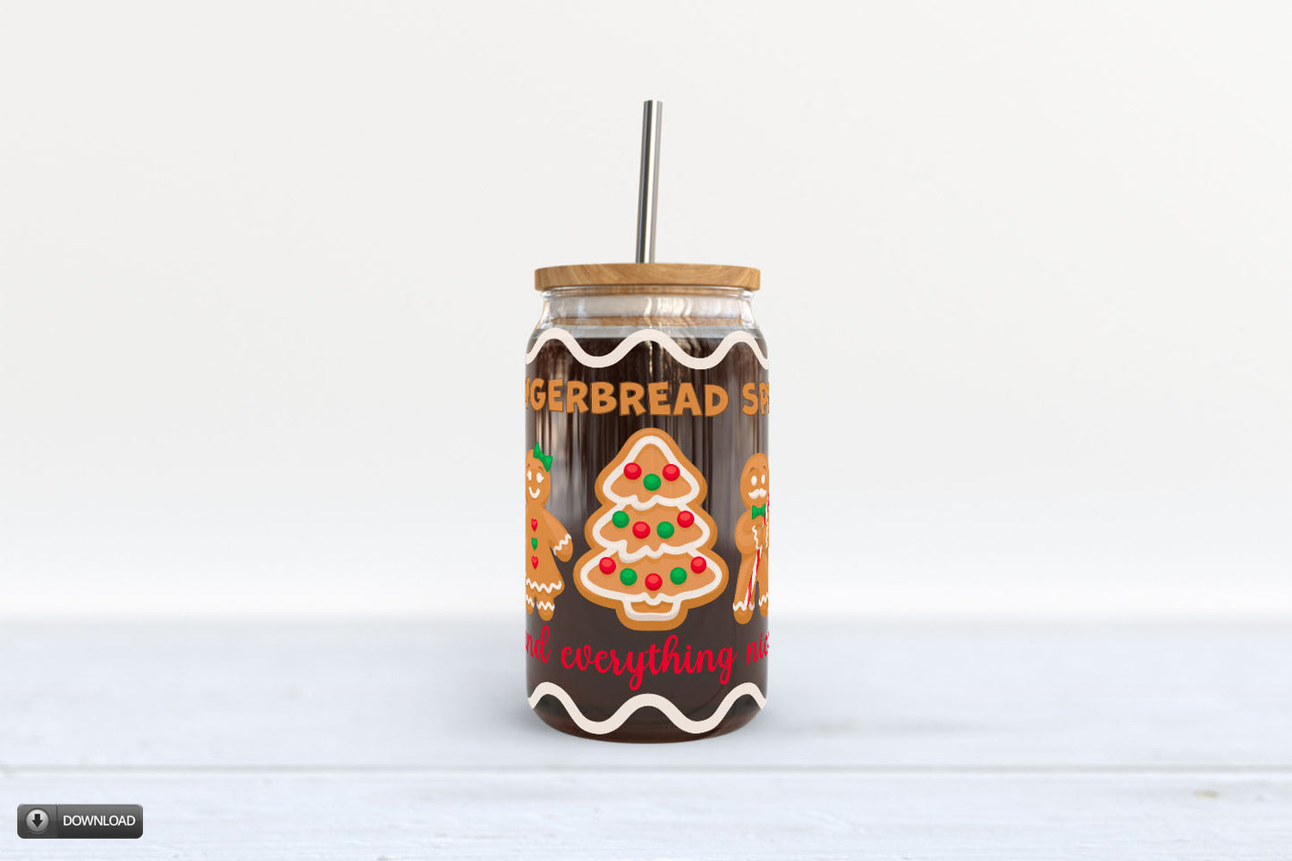 Gingerbread Sublimation PNG Design for Glass Beer Can Jars