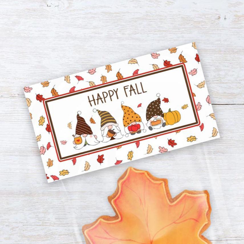 printable happy fall cookie bag toppers with little gnomes and falling leaves
