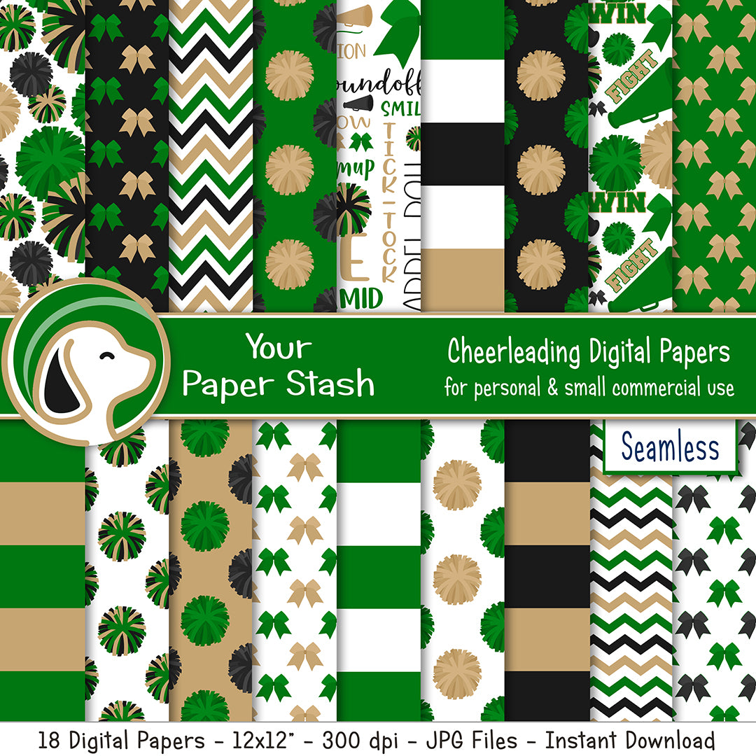 green and gold seamless cheerleader digital scrapbook papers background patterns