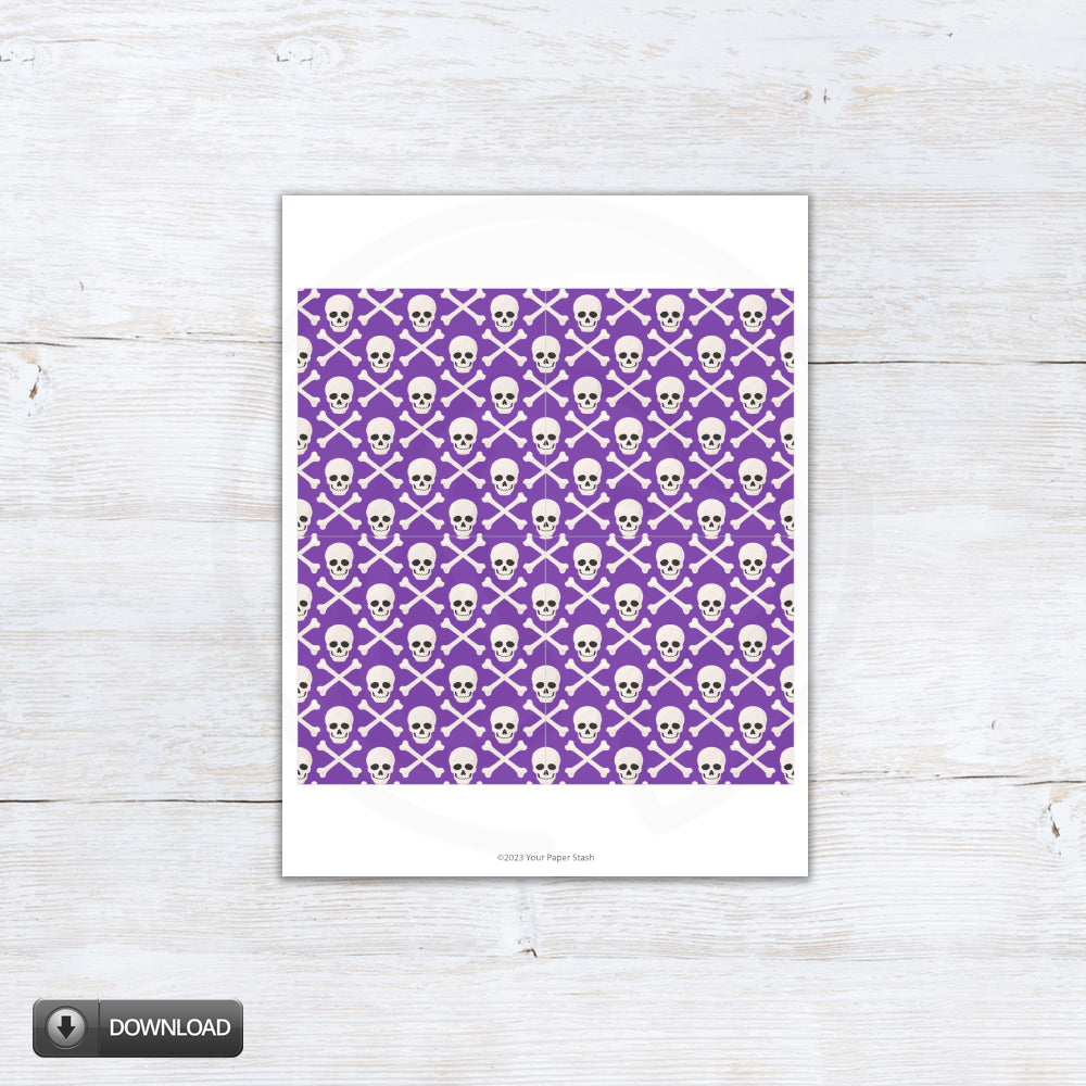 halloween cookie card box backers with skull and crossbones on purple background