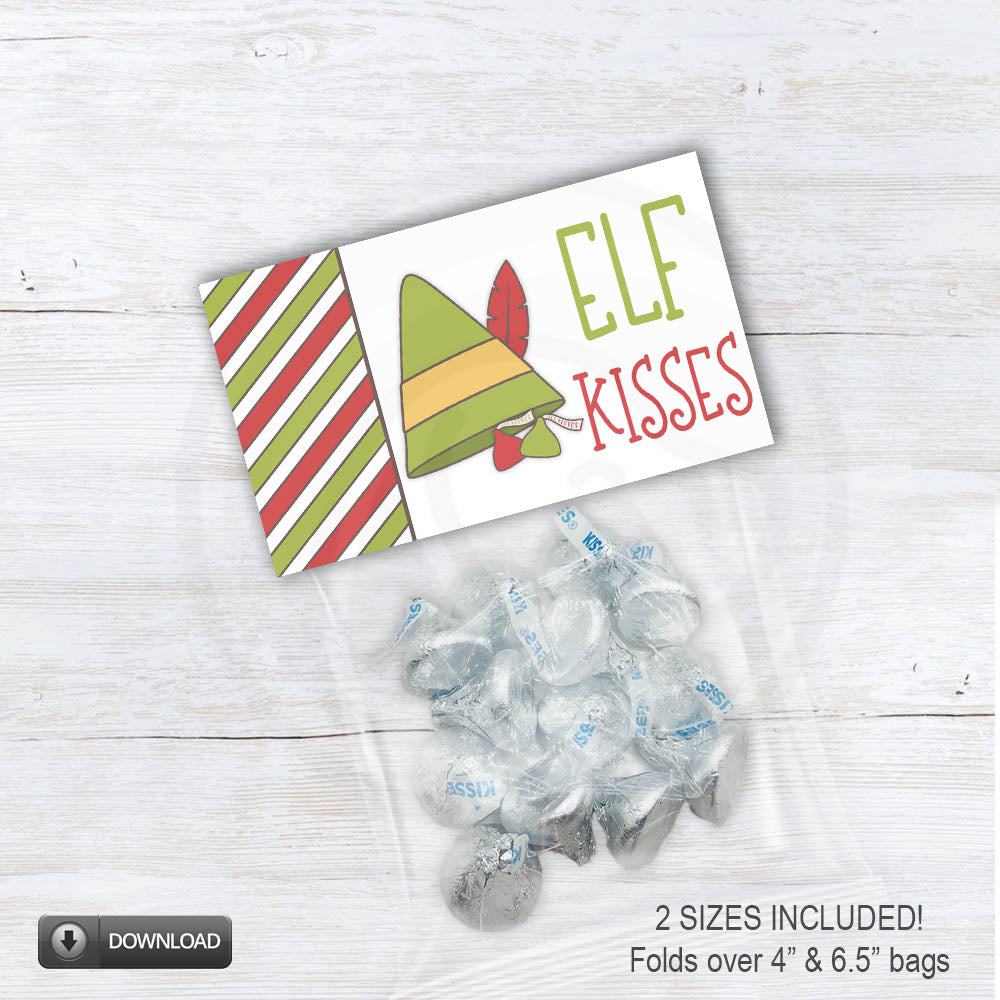 Printable Elf Kisses Christmas treat bag toppers for cookie and candy bags. Design includes cute elf hate with kisses candy clipart, kid friendly fonts, and green and red striped background pattern. Instant download item, 2 sizes included.