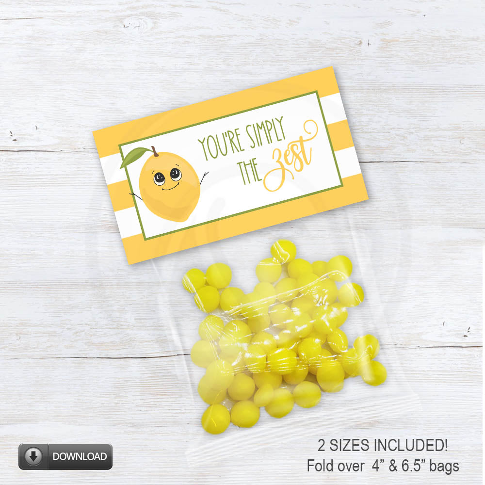 You're simply the zest lemon-themed food pun treat bag toppers on a bright yellow striped background, perfect for party snack and cookie bags
