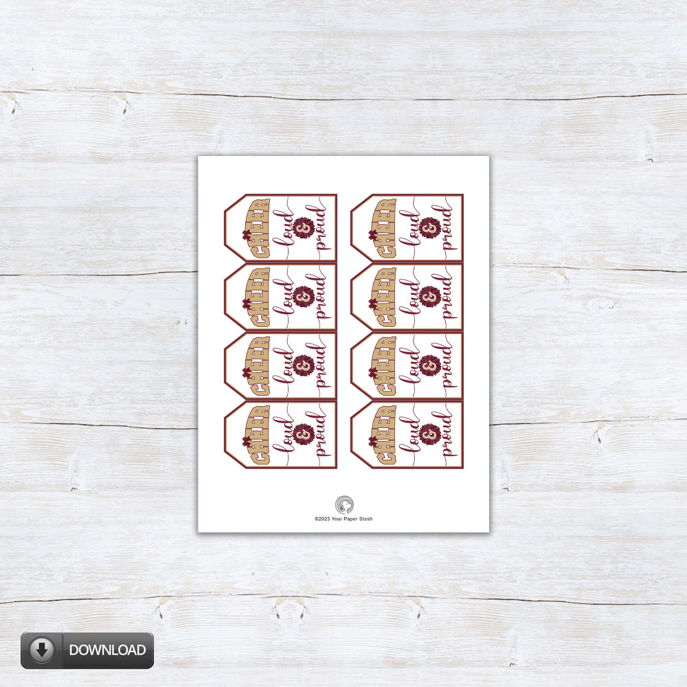 cheer loud and proud printable gift tags in burgundy and gold