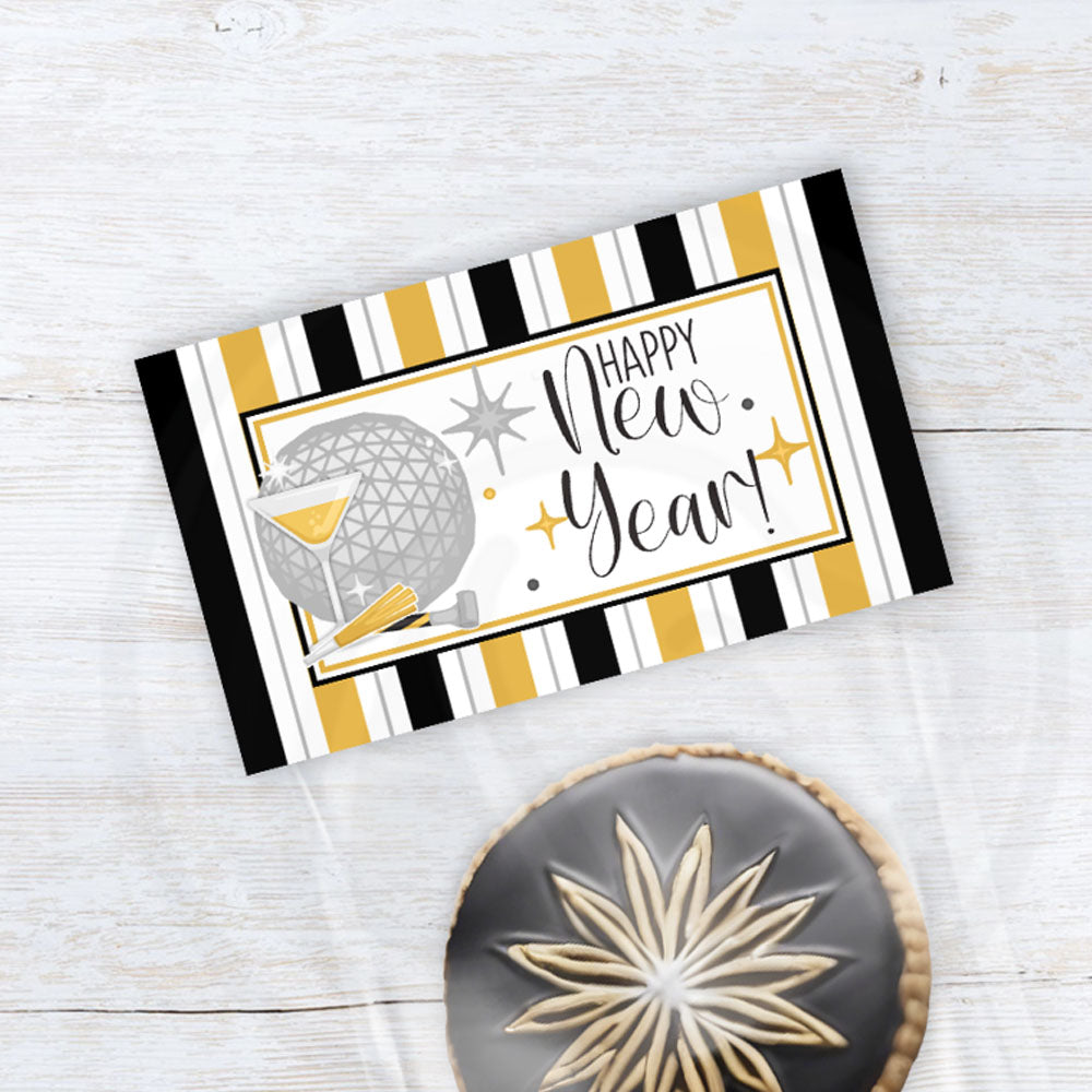 printable new year's eve happy new year black and gold treat bag toppers in 3 sizes