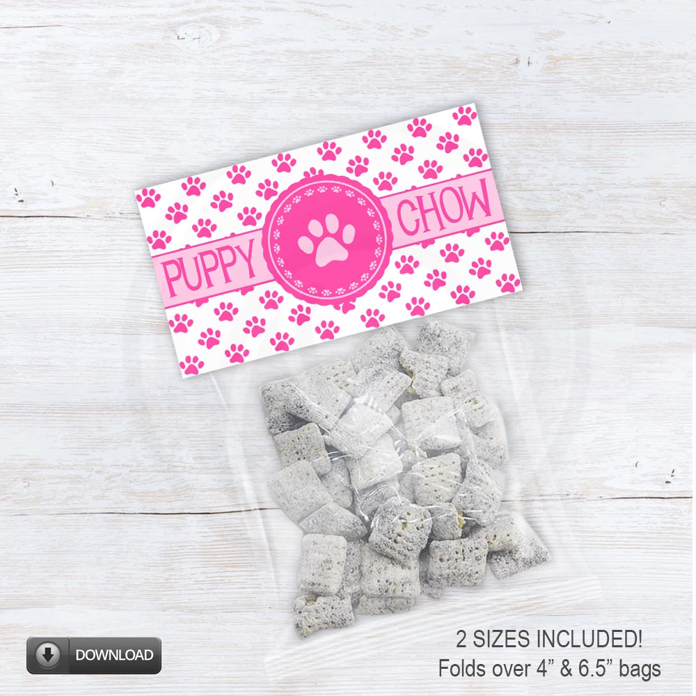 printable pink puppy chow treat bag toppers - 2 sizes - instant download