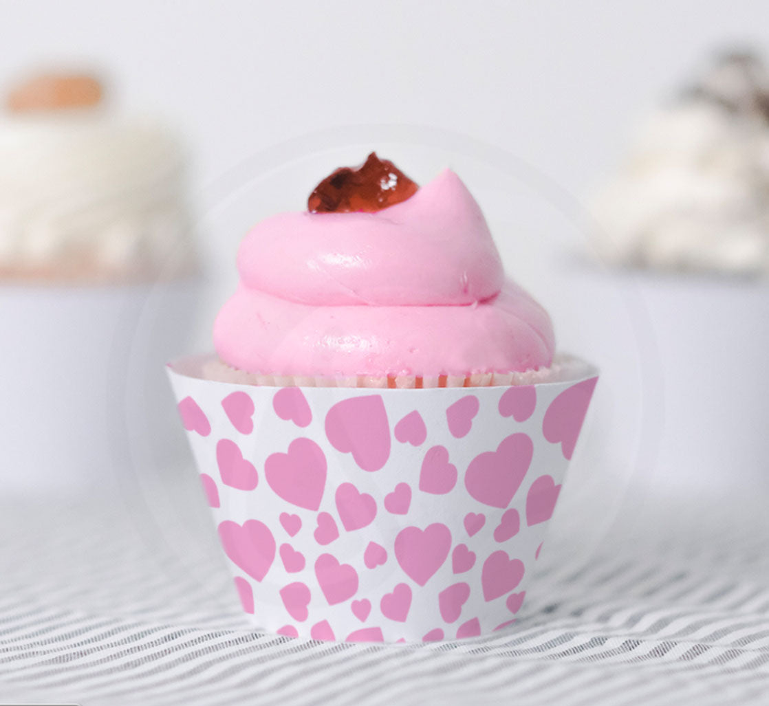 Printable Cupcake Wrapper With Pink Hearts For Valentines Day Weddings Bridal Showers Birthdays
