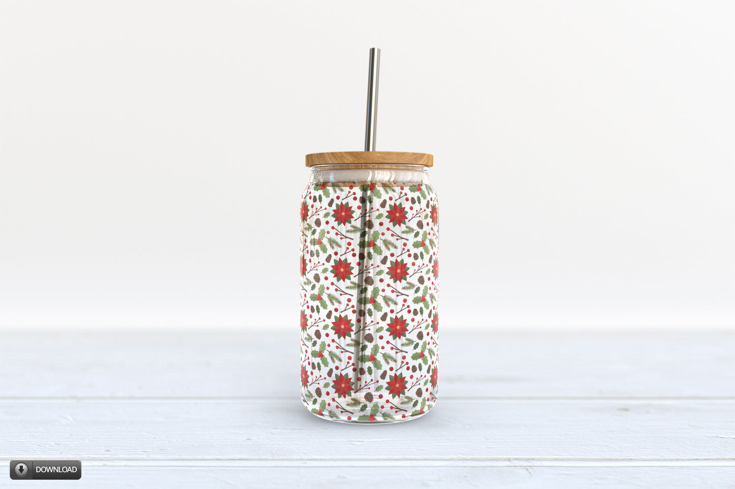 Christmas Poinsettia 16 oz Glass Jar Wrap Sublimation Design