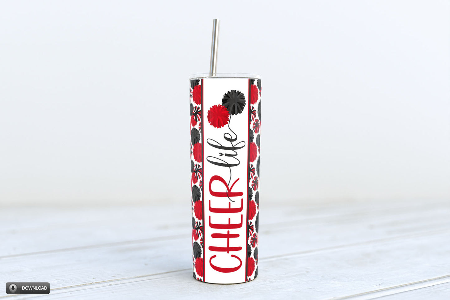 Red Black Pom-Pom Cheer Life 20oz Skinny Tumbler Subliamtion Design