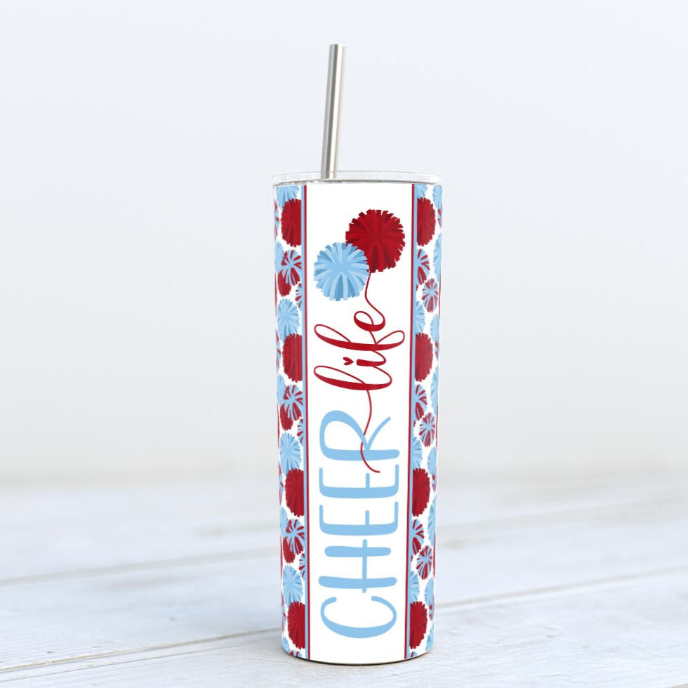 red and light blue cheer life cheerleader cheerleading pom-pom 20 oz skinny tumbler sublimation design