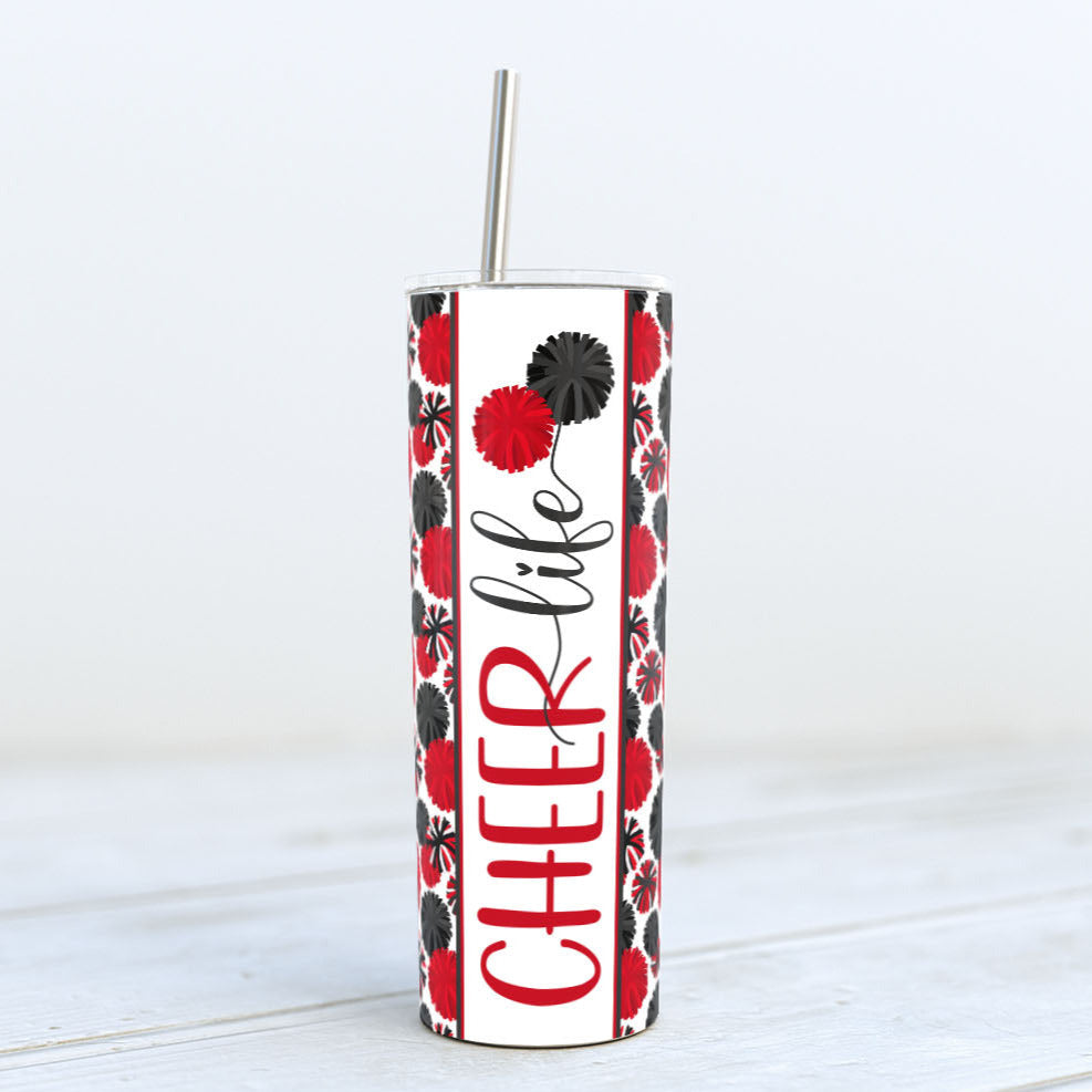 red black pom-pom cheer life skinny tumbler sublimation design for cheerleaders cheer mom coach team