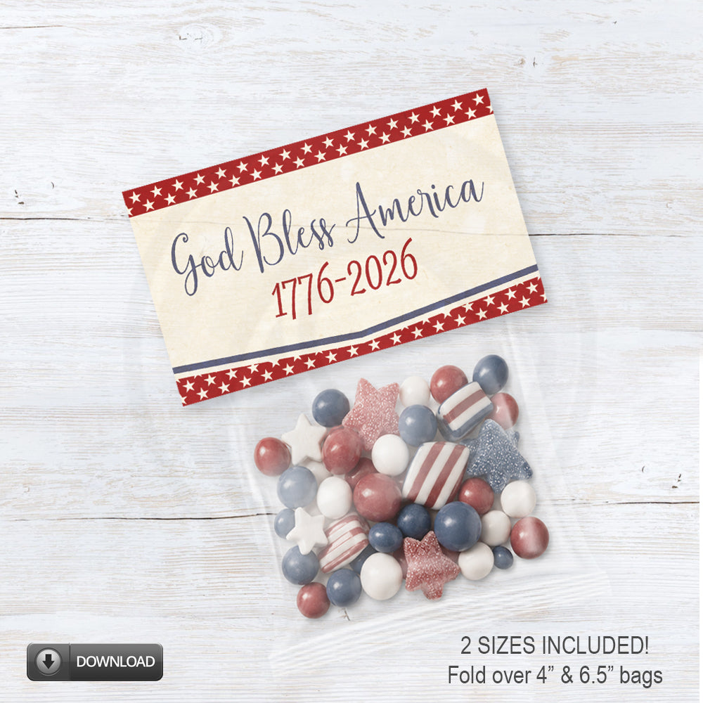 Printable God Bless America patriotic bag topper with 1776-2026 wording for red white and blue candy, treat, and favor bags.