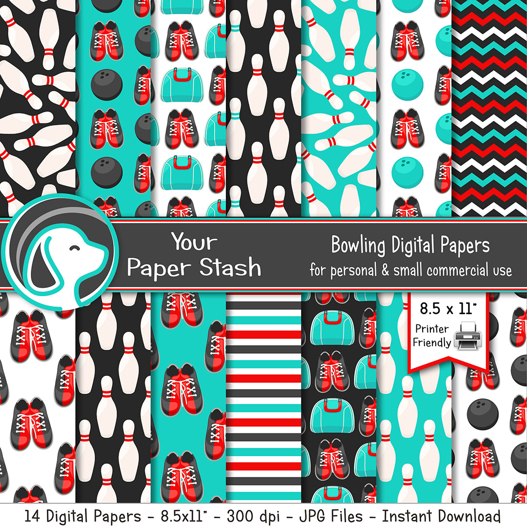 printable bowling digital papers, bowling backgrounds, bowling pin paper, bowling party paper