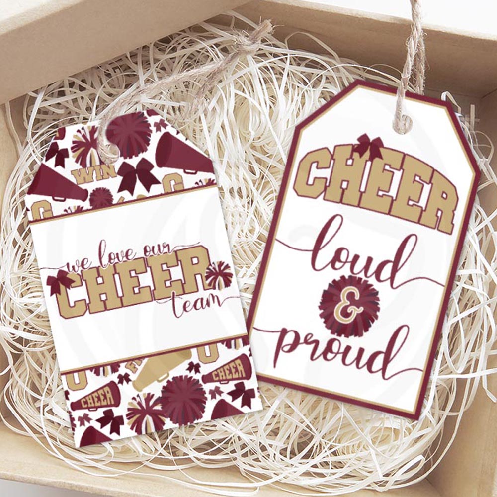 printable maroon burgundy gold cheerleader cheer team gift tags - 2 styles - instant download