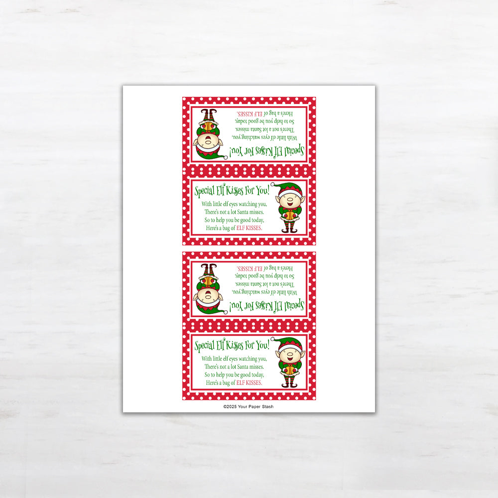 printable Christmas treat bag toppers - Elf Kisses Just for You!