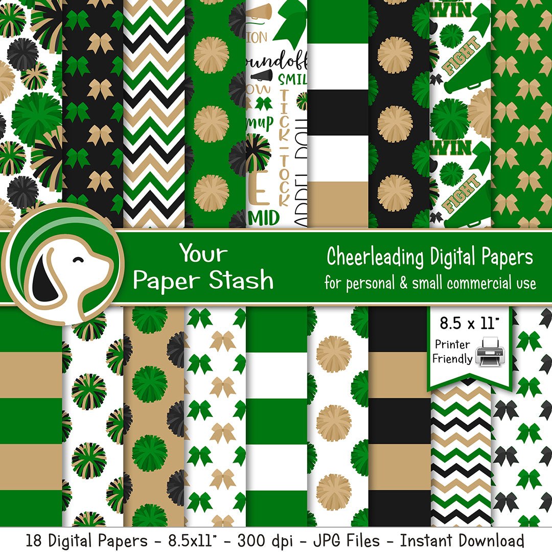 printable green black and gold cheerleader digital scrapbook paper patterns
