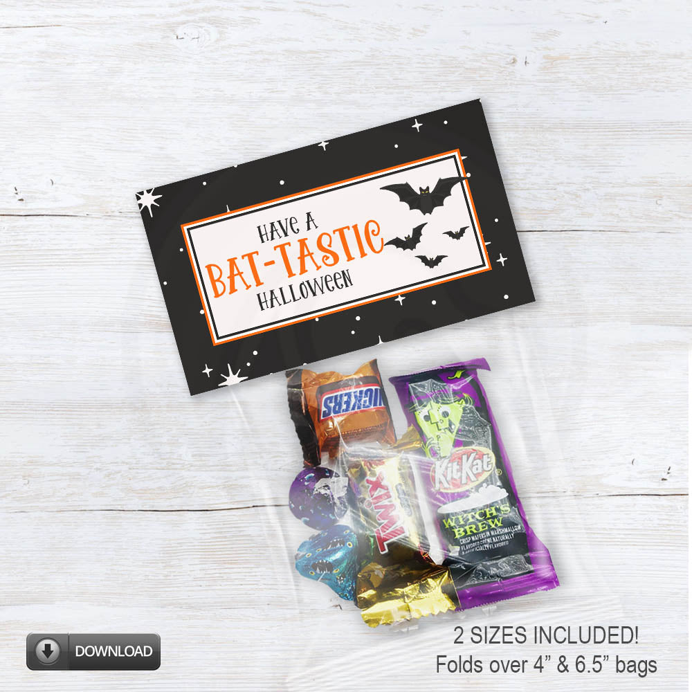 Bat-Tastic Halloween treat bag topper printable featuring black bats, orange lettering, and a black starry background.