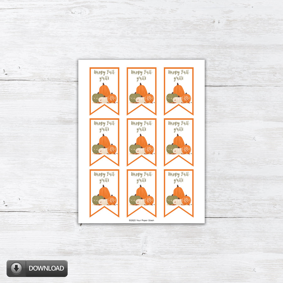 happy fall y'all printable gift tags with pumpkin illustrations