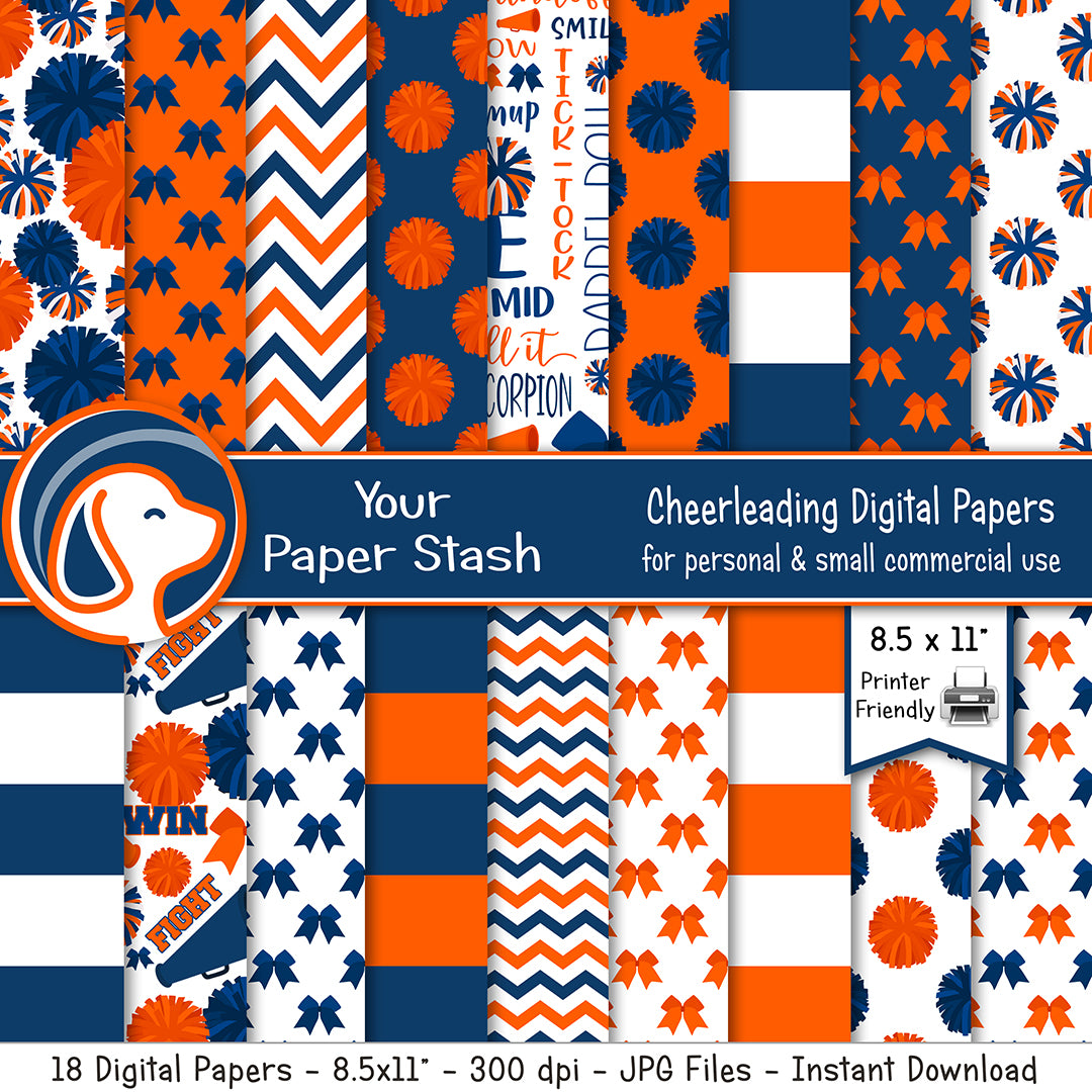 printable cheerleader digital papers and patterns with pom-poms stripes chevrons hair bows megaphones