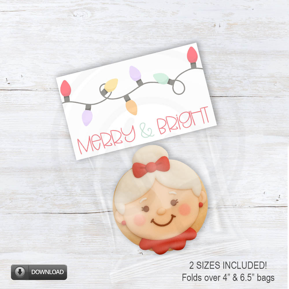 Merry and Bright printable topper digital art featuring pastel Christmas lights and red lettering — festive holiday design for treat bags, crafts, and packaging, instant download in two sizes.