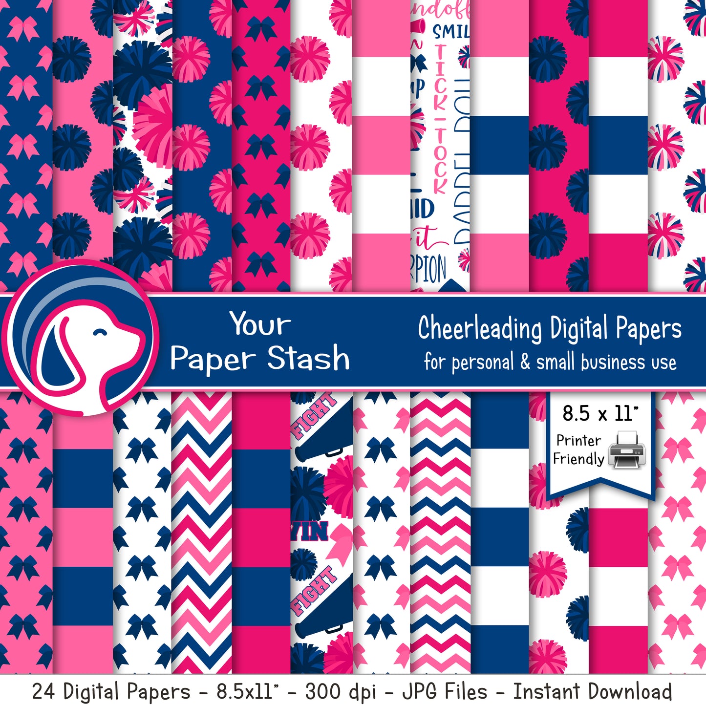 printable cheerleading digital scrapbook papers with pom-poms megaphones hair bows