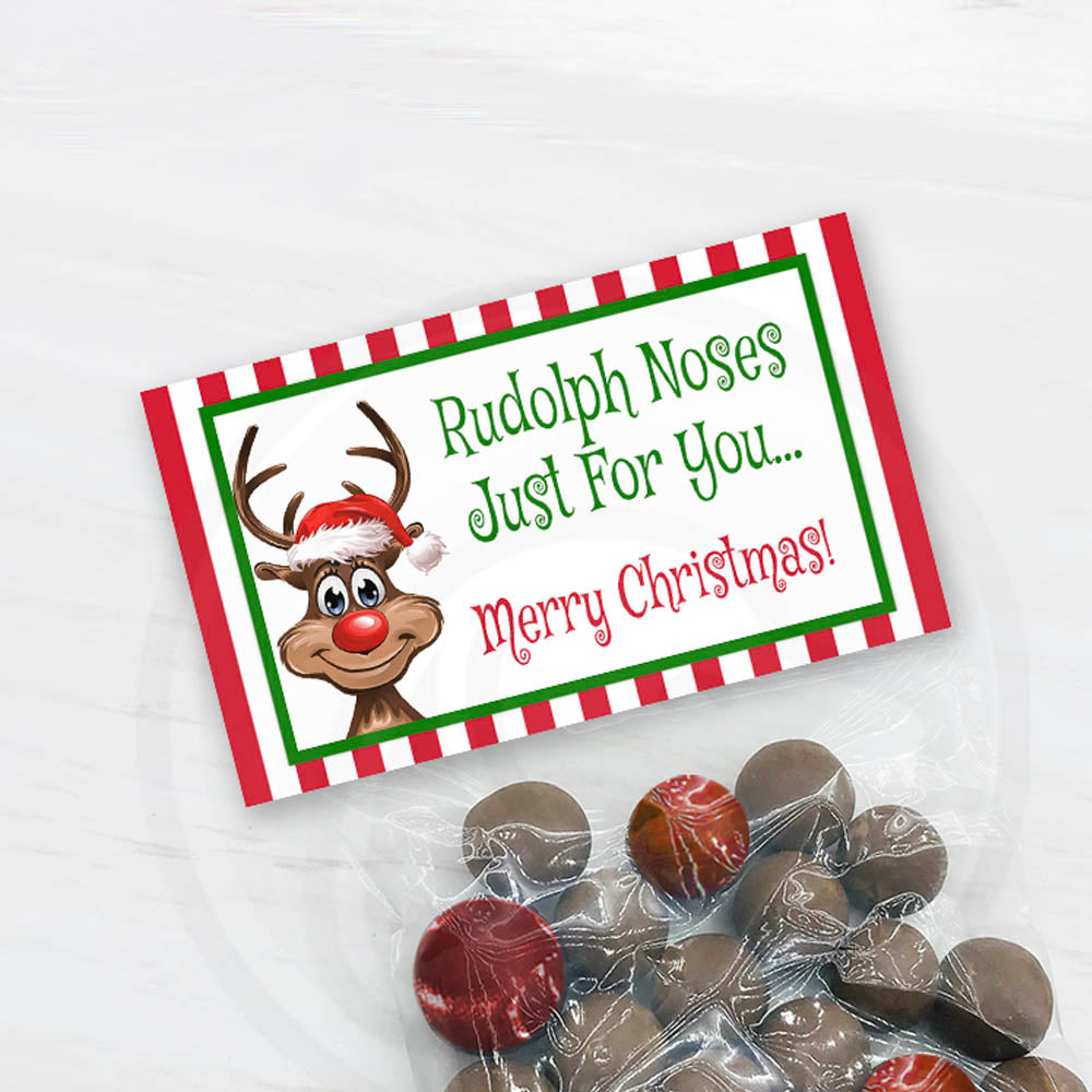 printable Rudolph noses treat bag toppers for Christmas parties and stocking stuffers