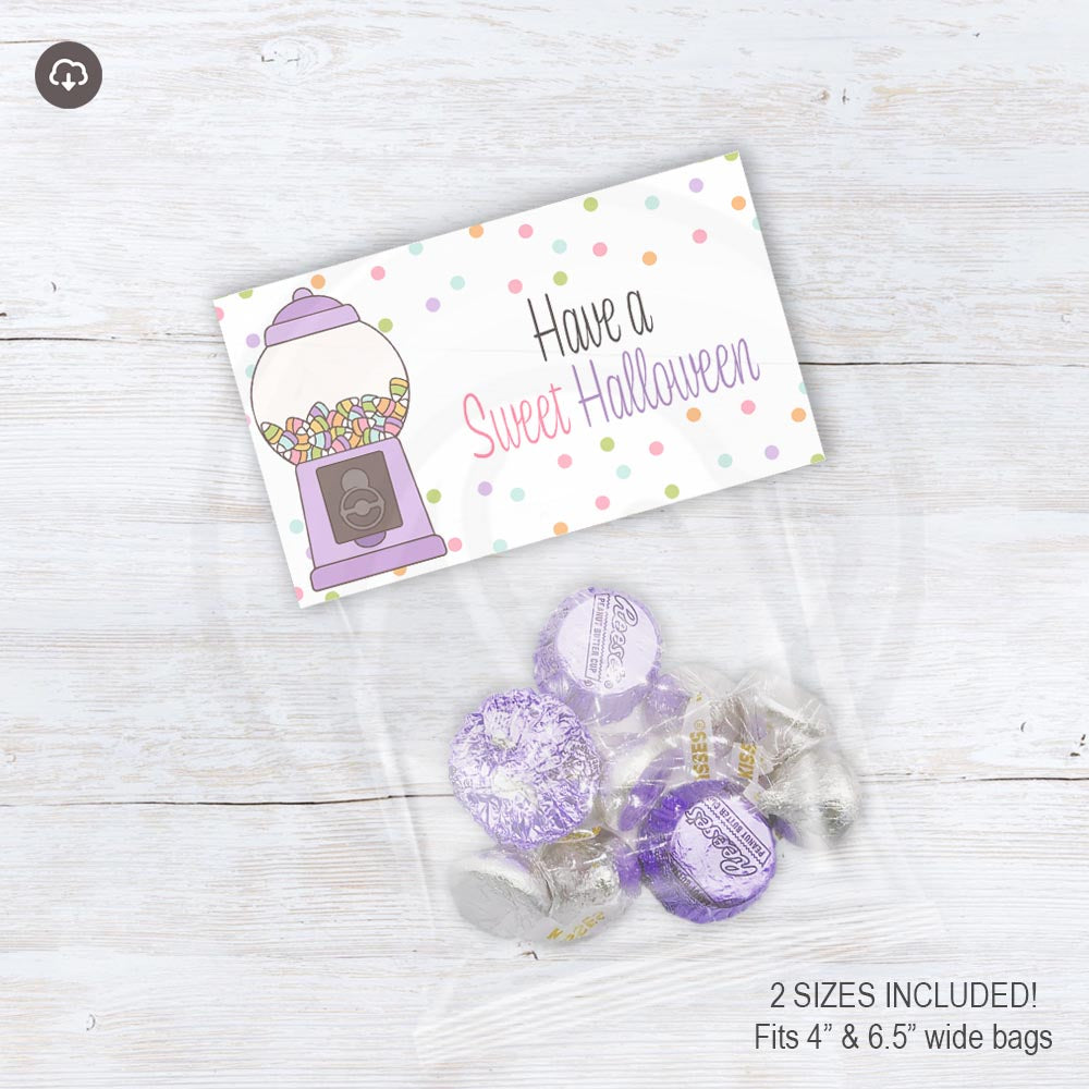 Have a Sweet Halloween printable treat bag topper with a pastel candy machine, colorful sweets, and scattered polka dots.