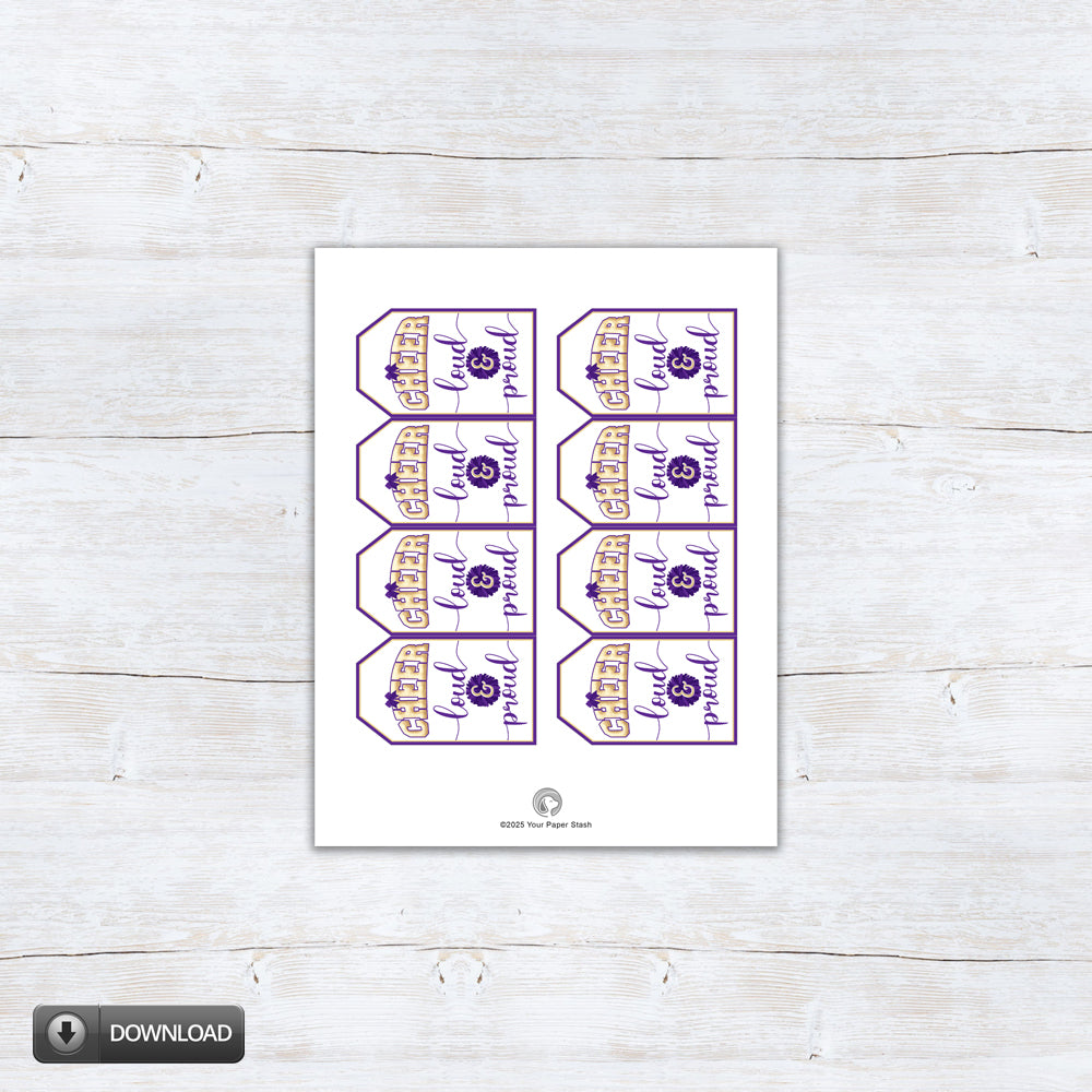 cheer loud and proud purple and gold gift tags
