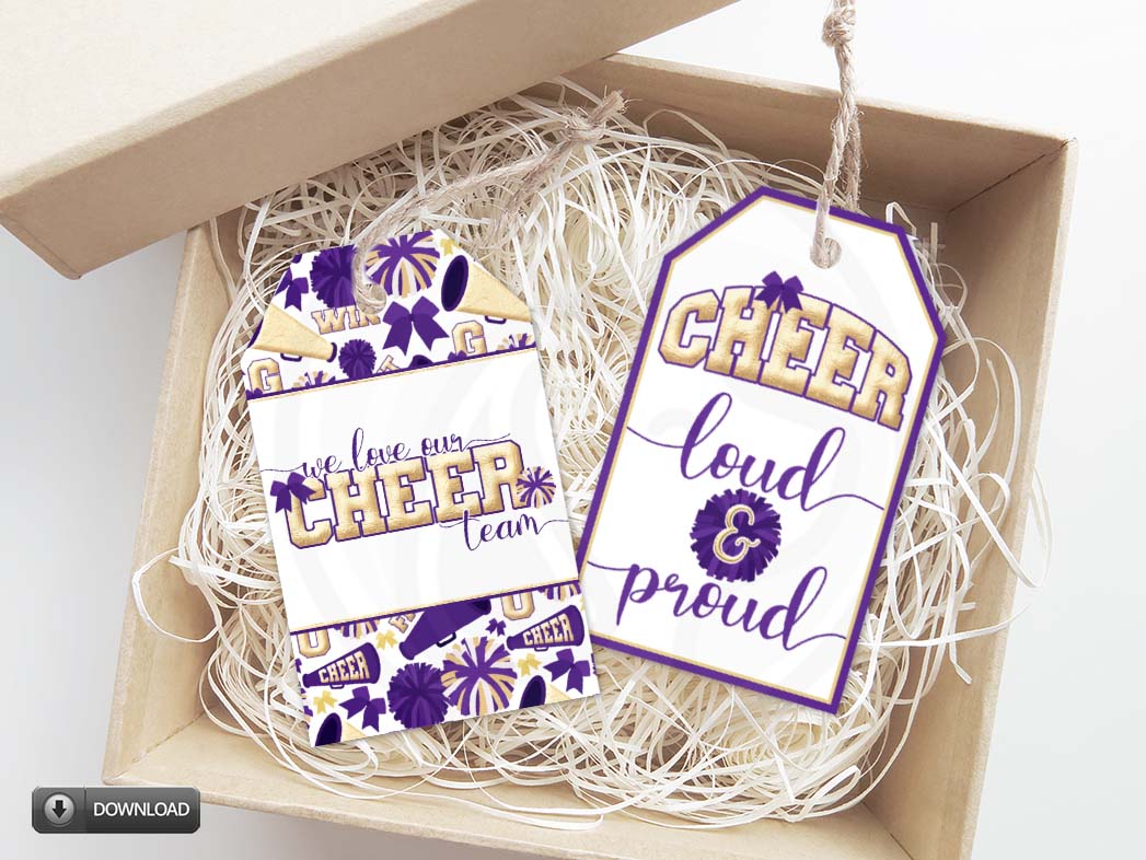 printable cheer competition gift tags in purple and gold