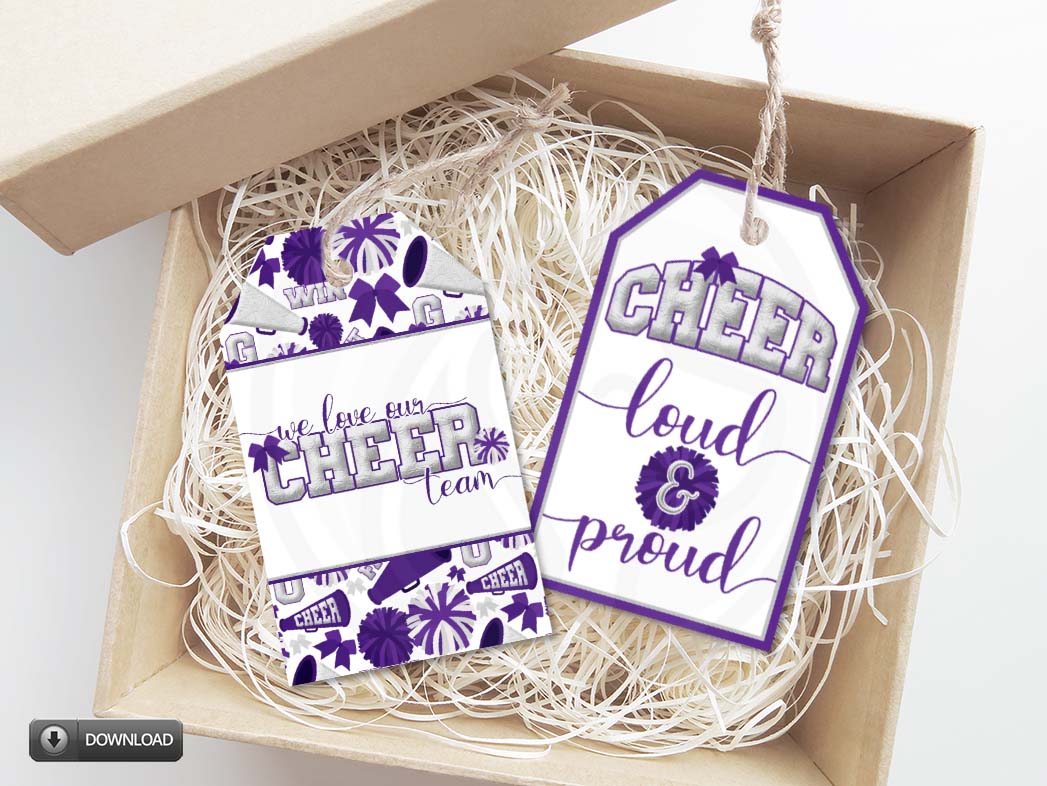 silver and purple cheerleading gift tags