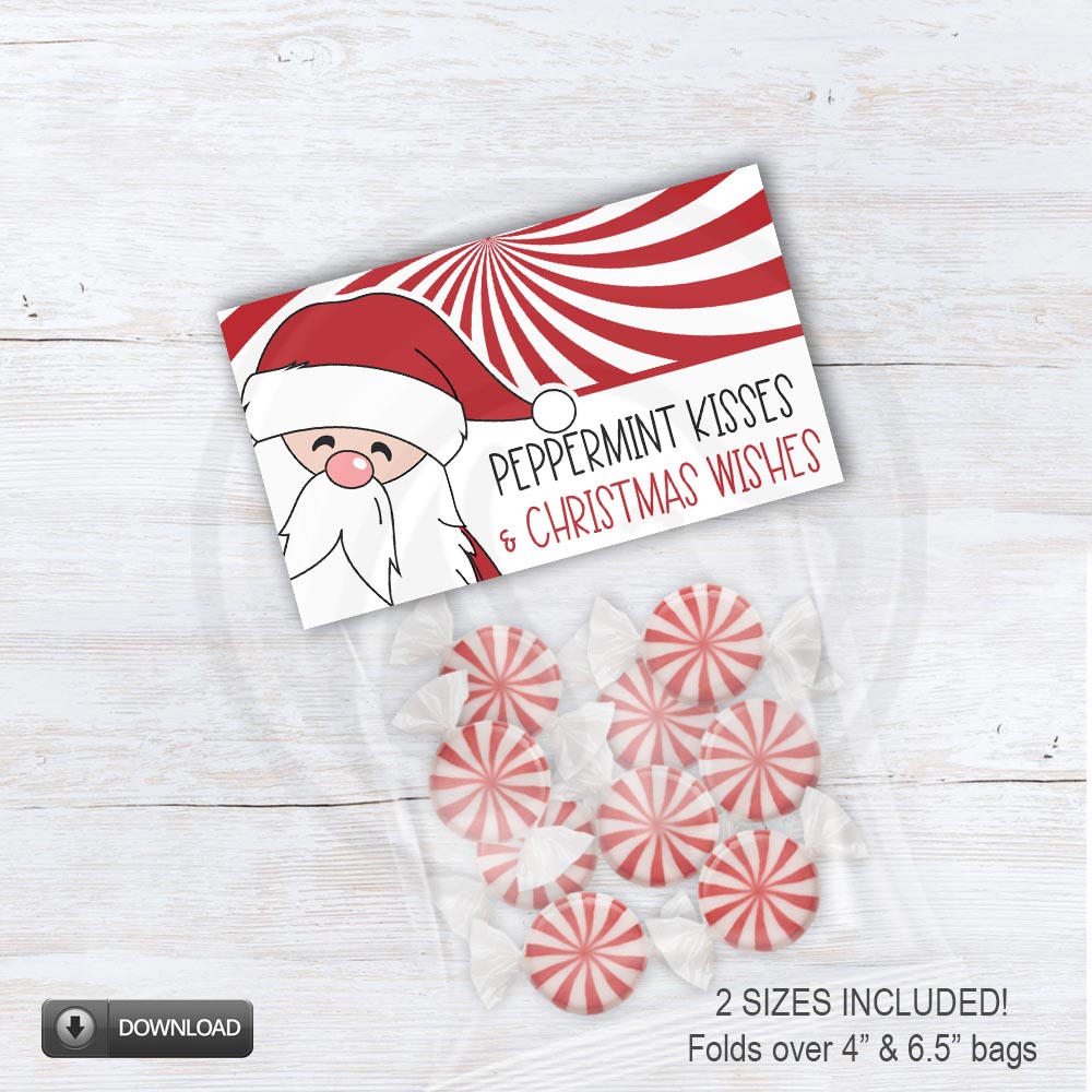 Santa-themed Christmas treat bag topper with red and white peppermint swirl design and the phrase “Peppermint Kisses & Christmas Wishes,” printable holiday favor topper.