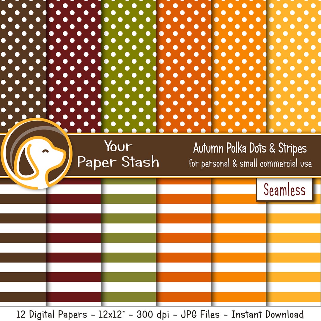 seamless polka dot and striped digital papers, burnt orange harvest gold burgundy polka dot patterns