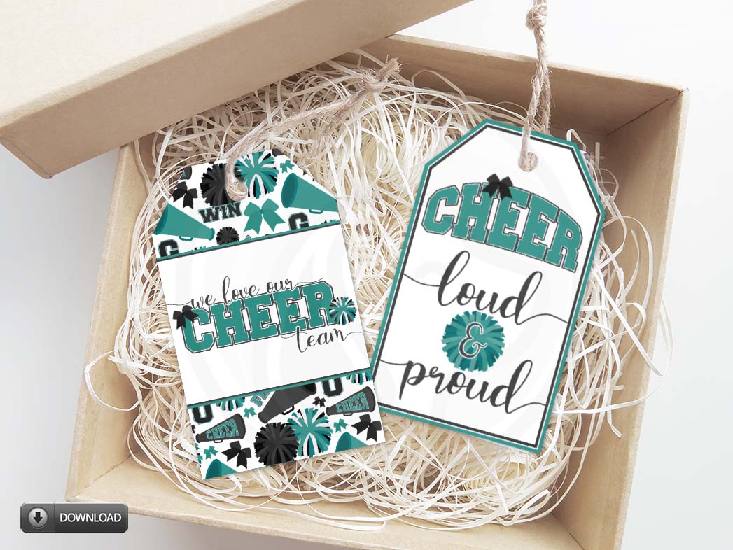 cheerleading printable gift tags in teal and black