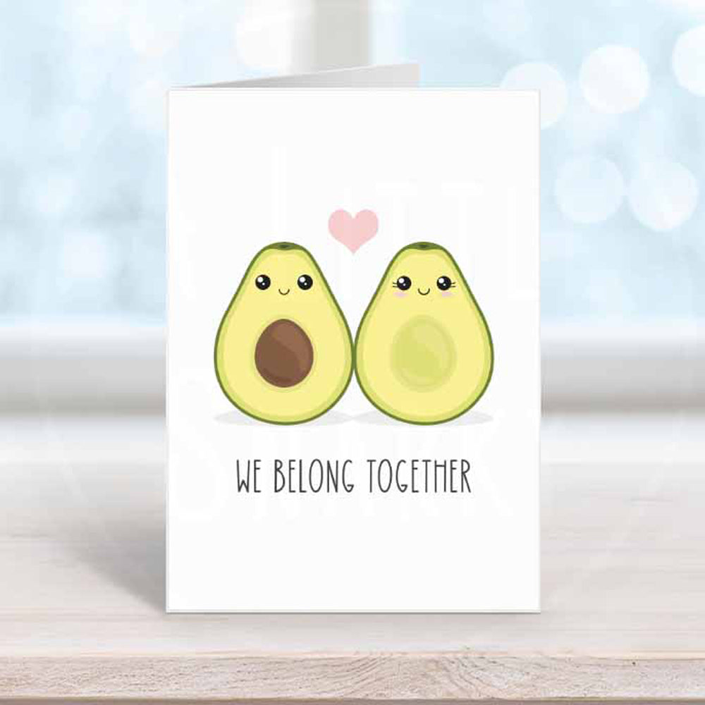 romantic cute kawaii avocado card with the words we belong together on it printable download 5x7 card