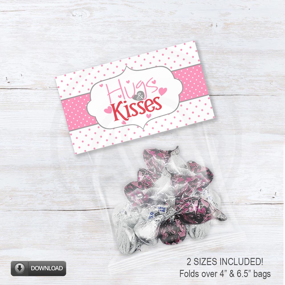 printable hugs and kisses candy bag toppers for valentine's day and girl birthday parties