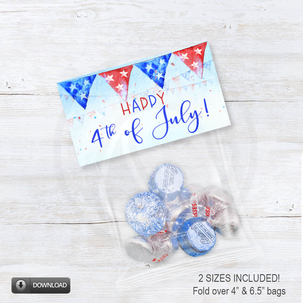 4th of July Treat Bag Toppers Printable, Patriotic Watercolor Candy Bag Toppers, Independence Day Party Favors, Red White Blue Banner