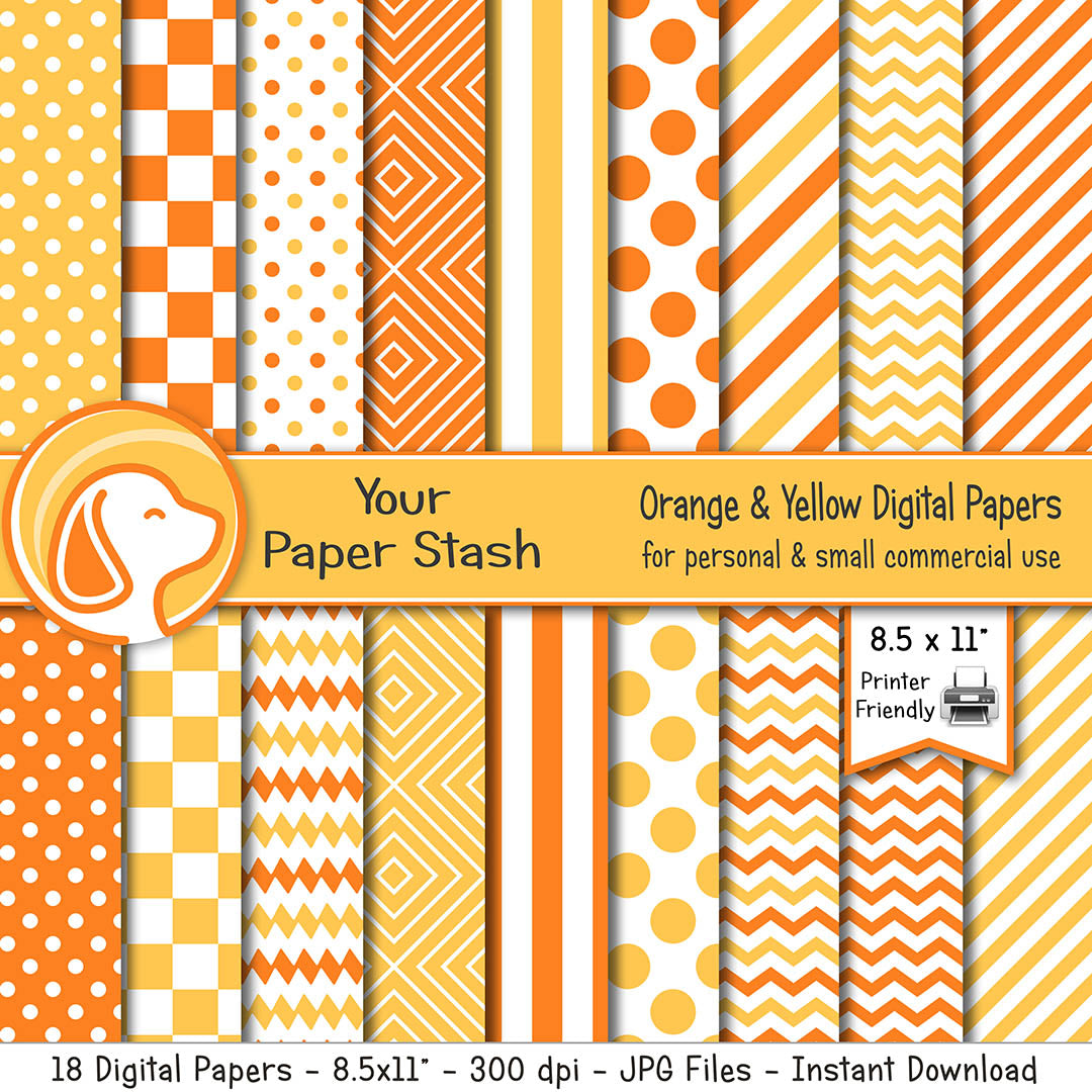 8.5x11 Orange and Yellow Digital Paper Pack With Geometric Patterns