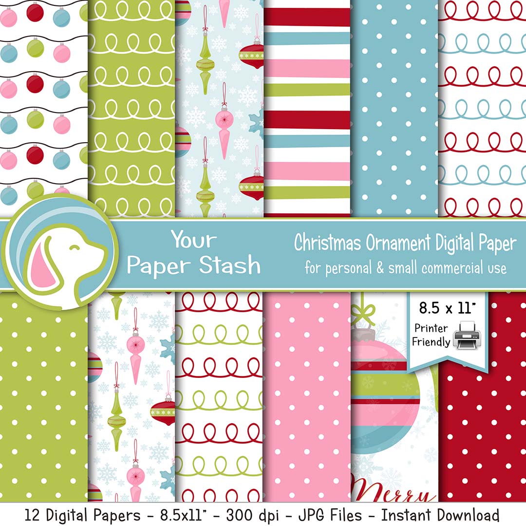 8.5x11" Retro Christmas & Holiday Ornament Digital Scrapbook Papers