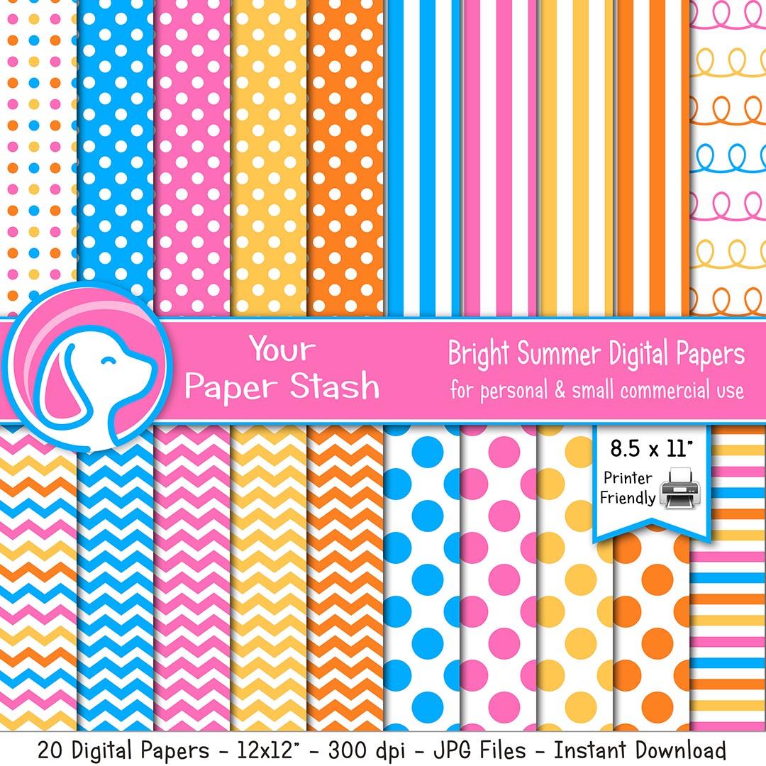 Bright Summer Digital Scrapbook Papers and Backgrounds for Birthday Parties and Pool Parties, Rainbow Stripe Polka Dot & Chevron Papers