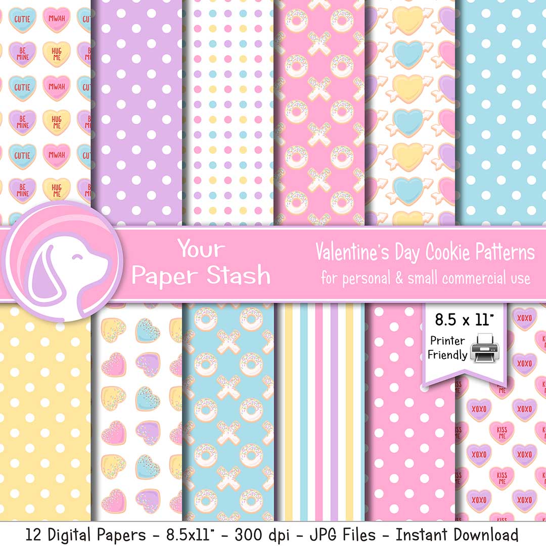 printable valentine days conversation heart hugs kisses polka dot pink purple blue yellow xoxo kiss me digital scrapbook paper backgrounds your paper stash